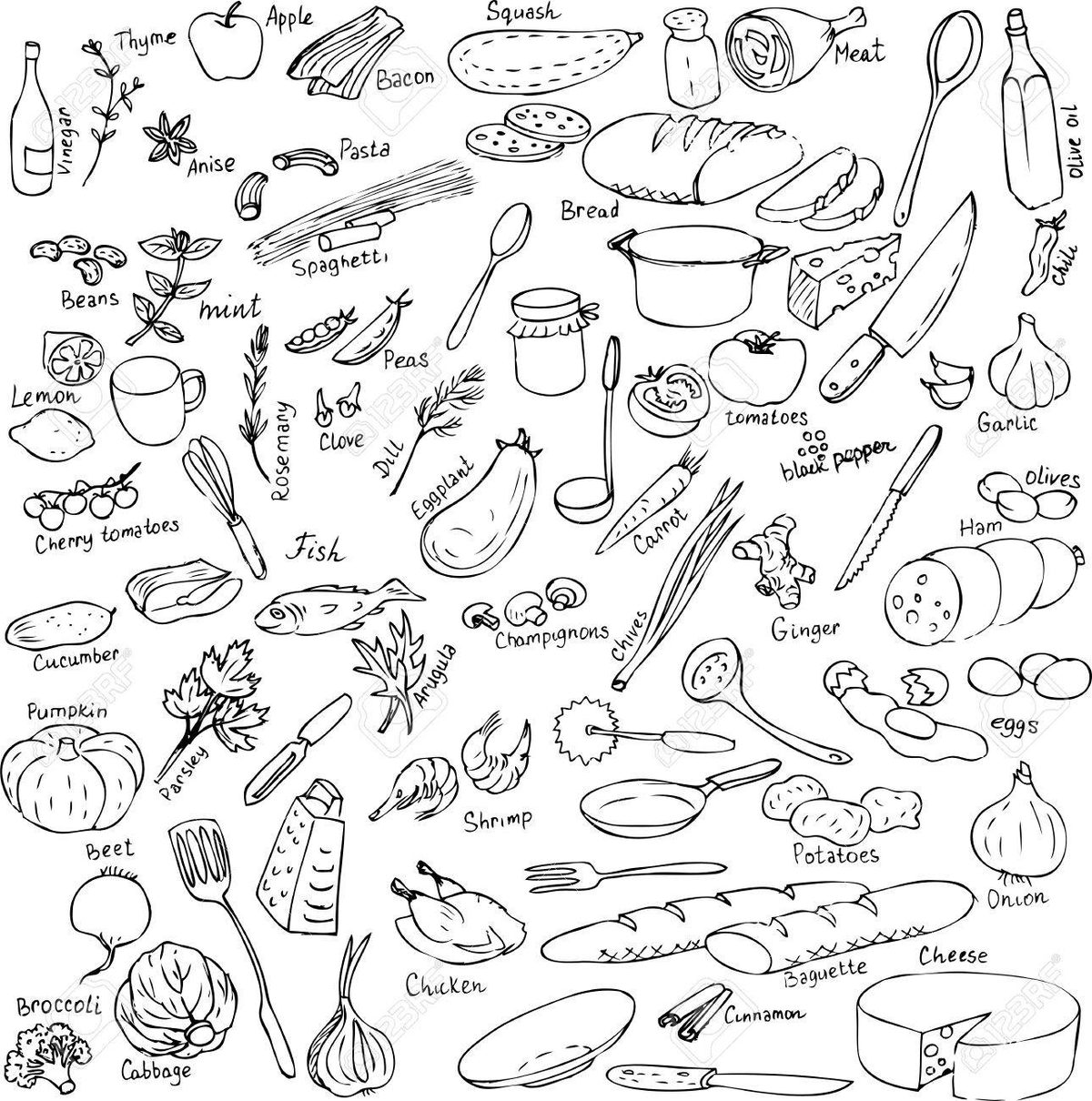 41410425-食品・調理器具・厨房機器のスケッチ、手描きの背景イラスト.jp
